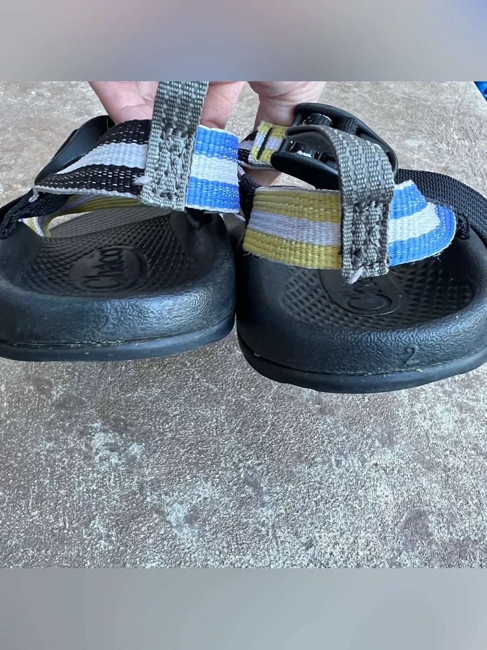 Chaco Kids Sandals in Black with Blue & Yellow Straps Sz 2